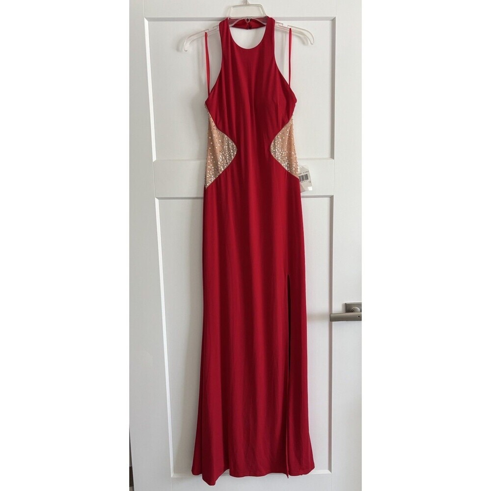 Jodi Kristopher Evening Grown Formal‎ Prom Red Sparkly Maxi Halter Dress Size 13